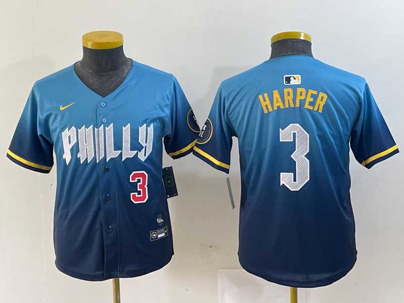 Youth Philadelphia Phillies #3 Bryce Harper Number Blue 2024 City Connect Limited Stitched Jersey->mlb youth jerseys->MLB Jersey